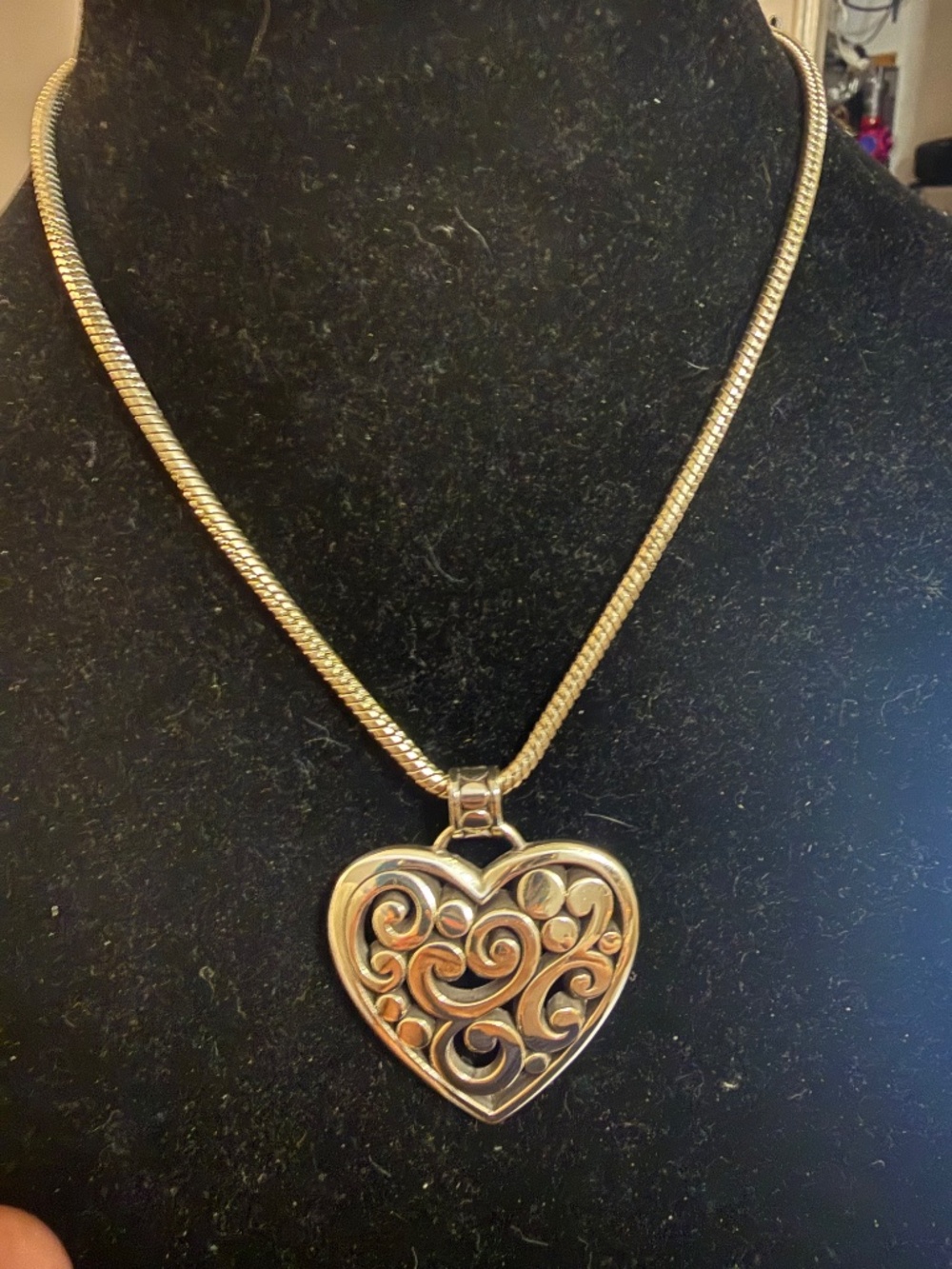 Vintage Brighton Scroll Heart Pendant w/ Snake Chain & B Heart Charm 15"